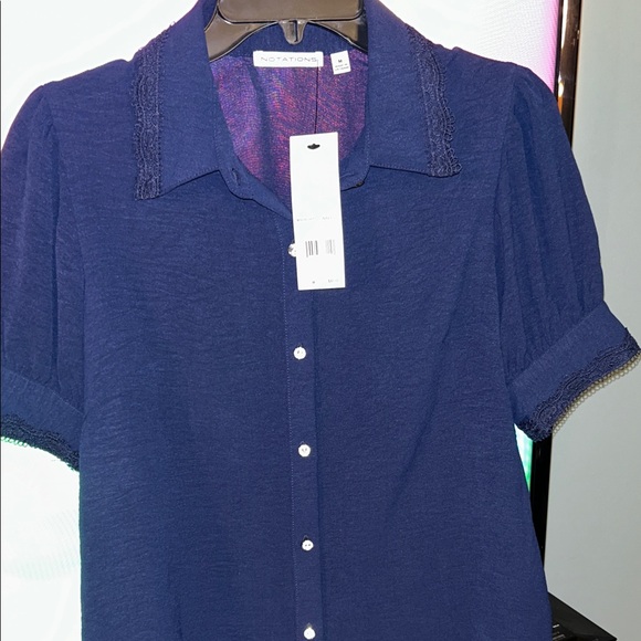Notations Tops - Notations Size M NWT Navy Blouse with Rhinestone Buttons embroidered neck/sleeve
